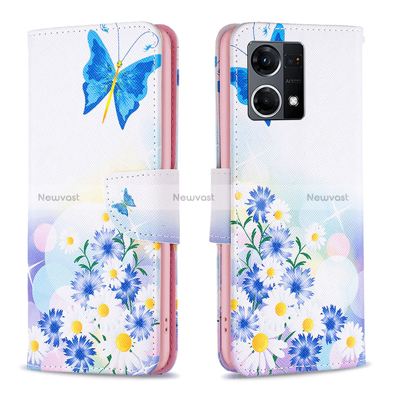 Leather Case Stands Fashionable Pattern Flip Cover Holder B01F for Oppo Reno8 4G Blue