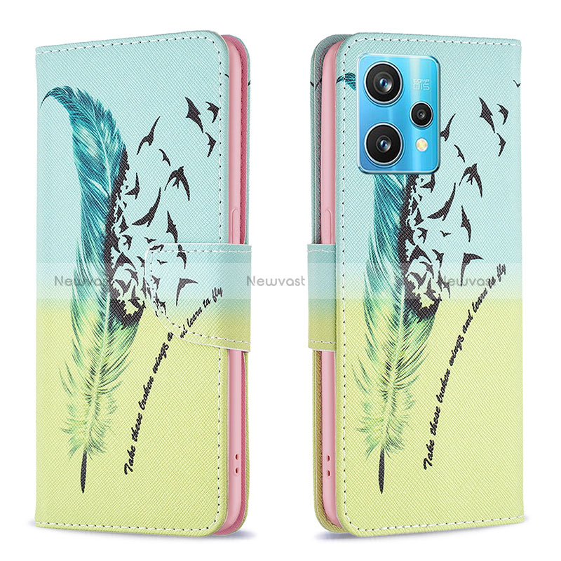 Leather Case Stands Fashionable Pattern Flip Cover Holder B01F for Realme 9 Pro+ Plus 5G Matcha Green
