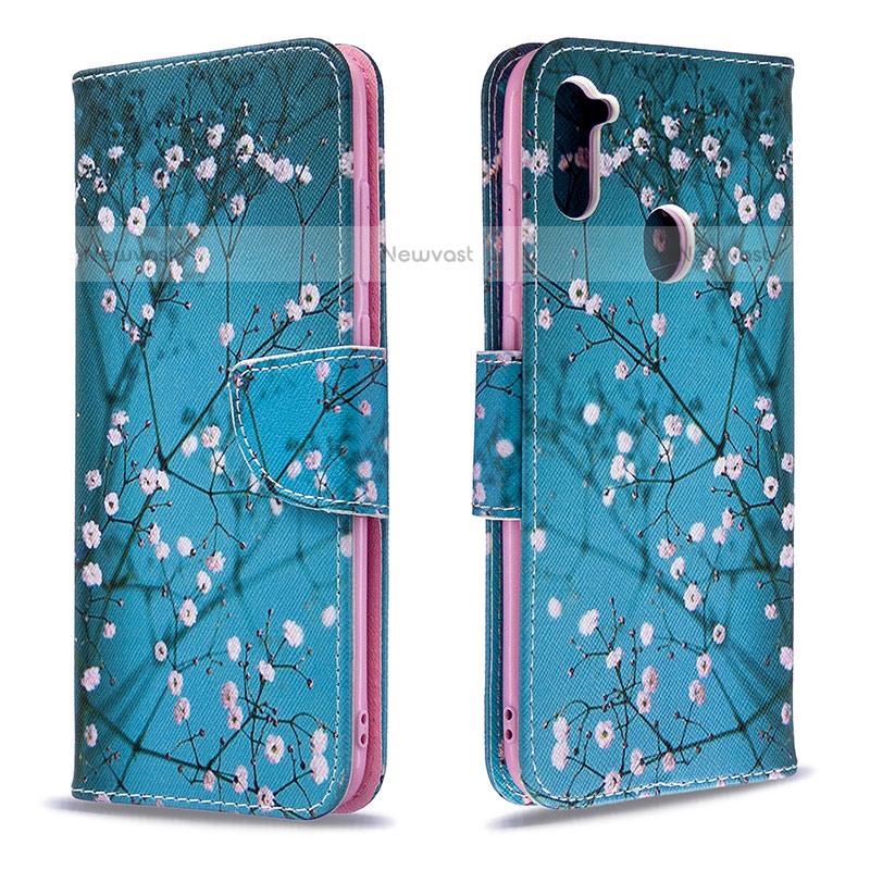 Leather Case Stands Fashionable Pattern Flip Cover Holder B01F for Samsung Galaxy M11 Cyan
