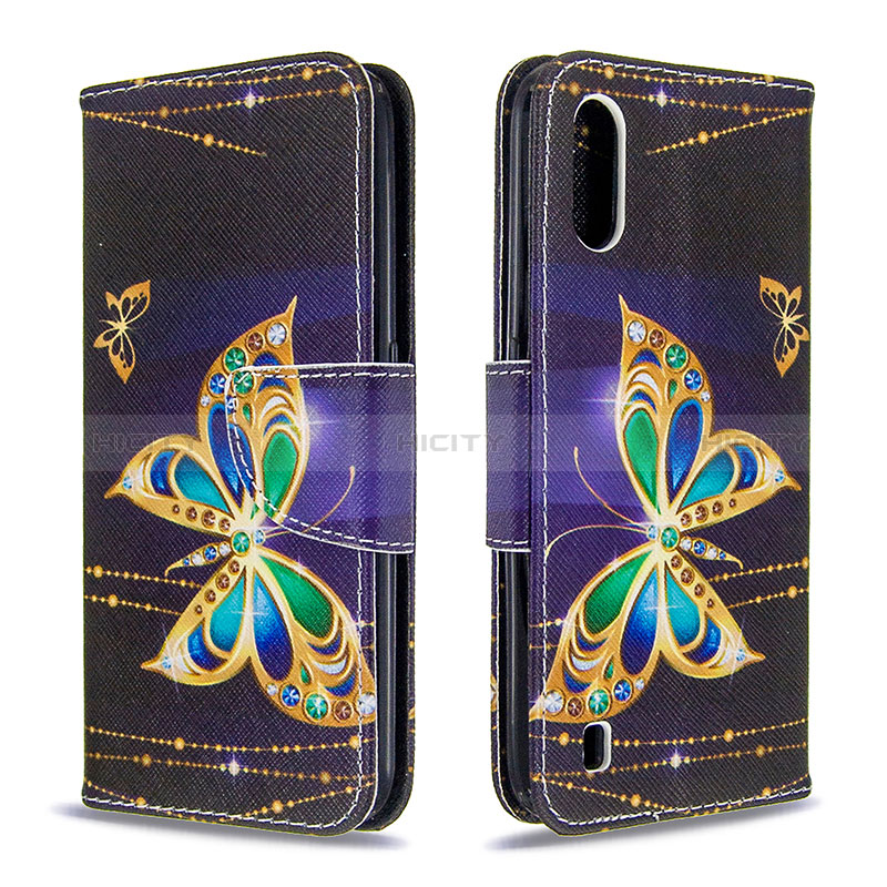 Leather Case Stands Fashionable Pattern Flip Cover Holder B03F for Samsung Galaxy A01 SM-A015 Black