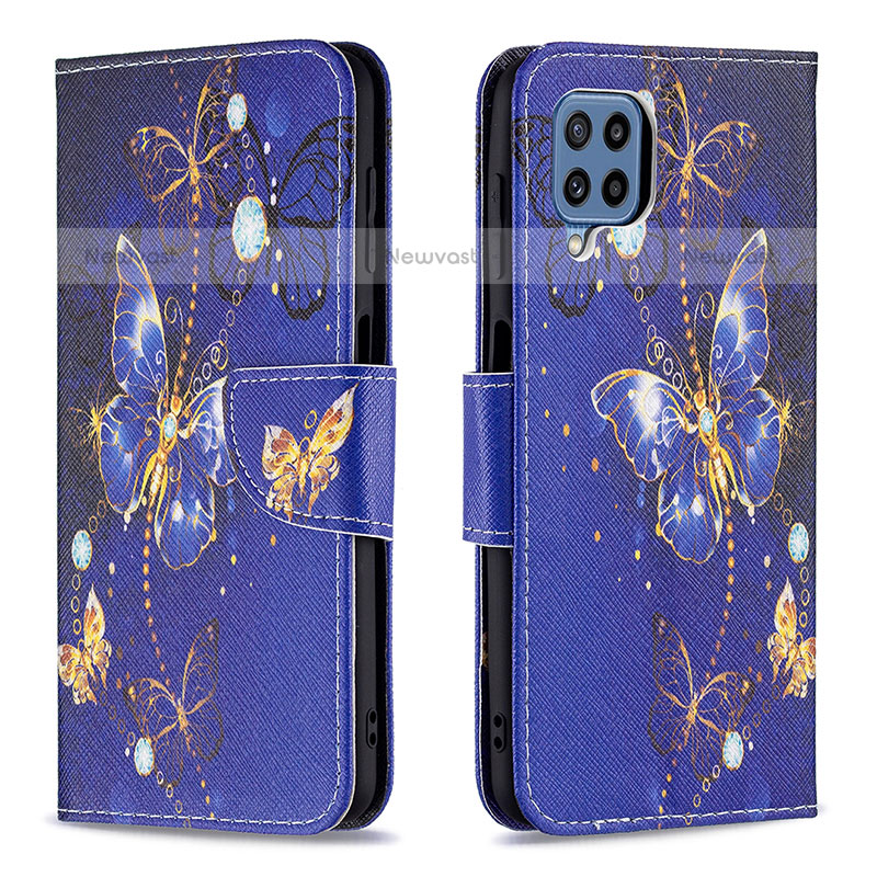 Leather Case Stands Fashionable Pattern Flip Cover Holder B03F for Samsung Galaxy M32 4G Navy Blue