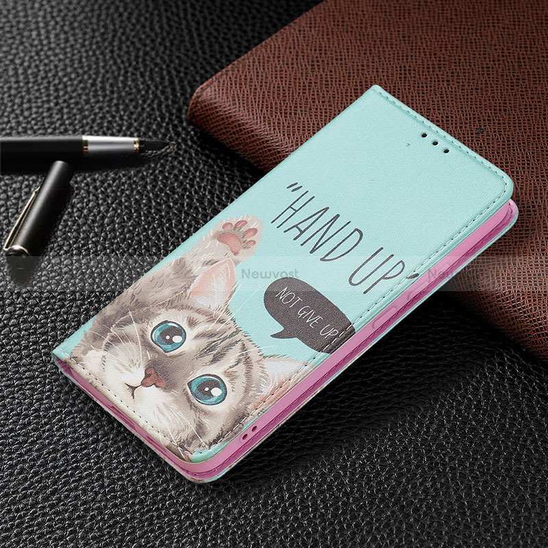 Leather Case Stands Fashionable Pattern Flip Cover Holder B03F for Samsung Galaxy S22 Plus 5G Cyan