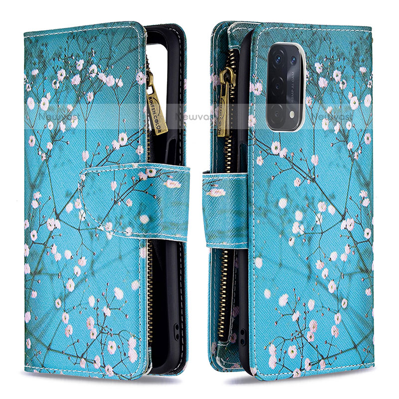 Leather Case Stands Fashionable Pattern Flip Cover Holder B04F for OnePlus Nord N200 5G Cyan