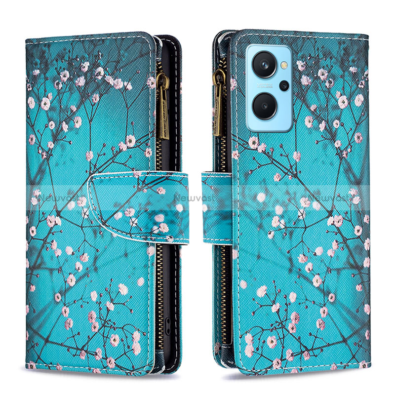 Leather Case Stands Fashionable Pattern Flip Cover Holder B04F for Oppo A96 4G Cyan