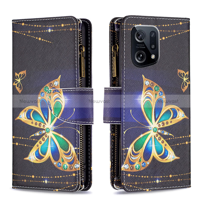 Leather Case Stands Fashionable Pattern Flip Cover Holder B04F for Oppo Find X5 5G Black