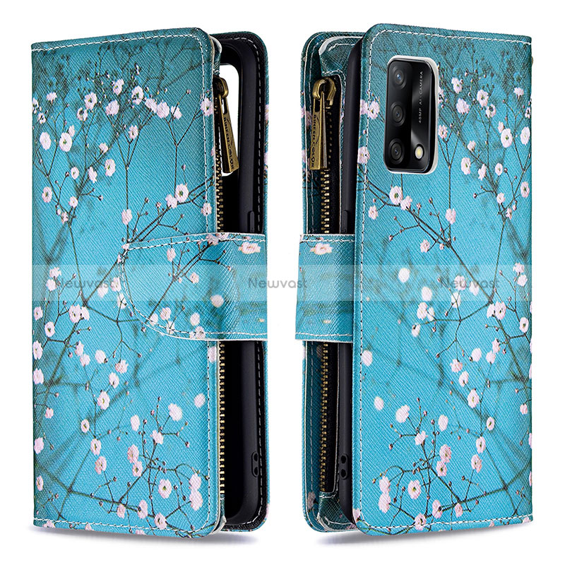 Leather Case Stands Fashionable Pattern Flip Cover Holder B04F for Oppo Reno6 Lite Cyan