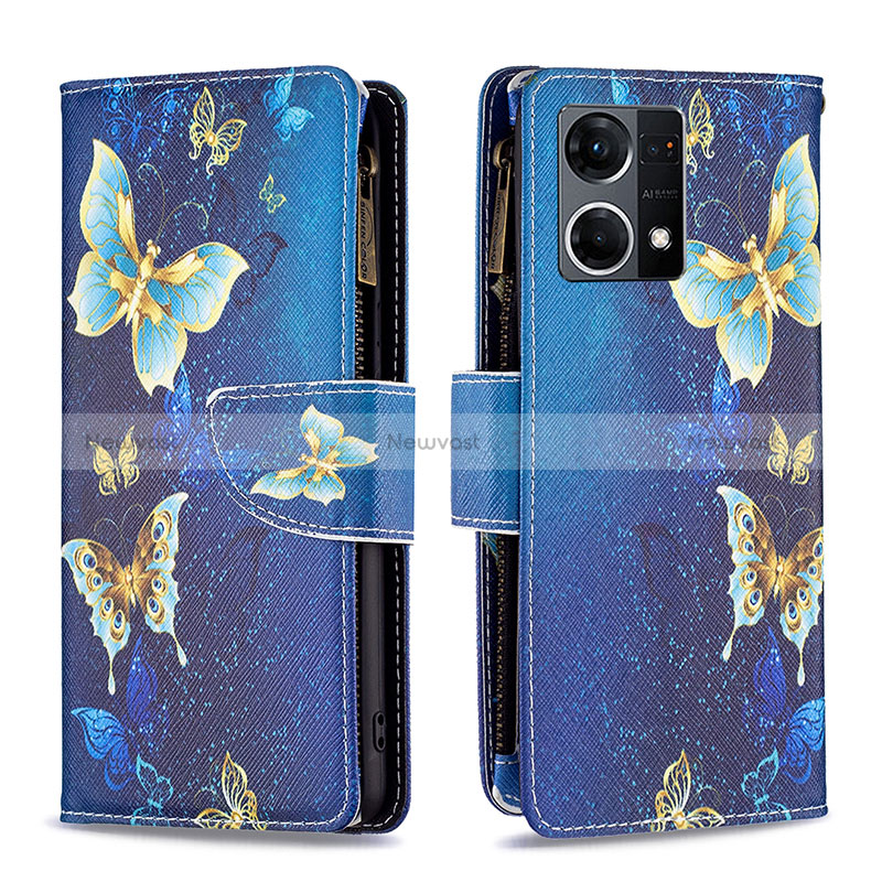 Leather Case Stands Fashionable Pattern Flip Cover Holder B04F for Oppo Reno7 4G Blue
