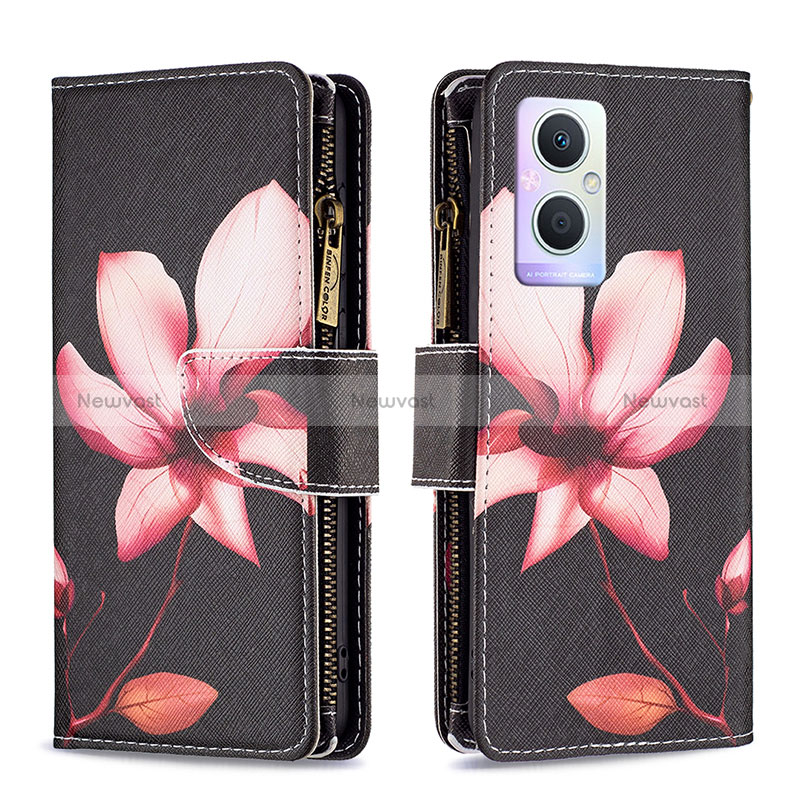 Leather Case Stands Fashionable Pattern Flip Cover Holder B04F for Oppo Reno7 Lite 5G Red