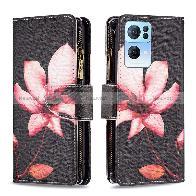 Leather Case Stands Fashionable Pattern Flip Cover Holder B04F for Oppo Reno7 Pro 5G Red