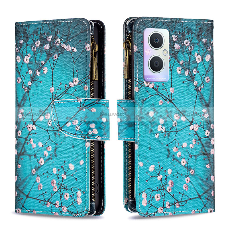 Leather Case Stands Fashionable Pattern Flip Cover Holder B04F for Oppo Reno8 Z 5G Cyan