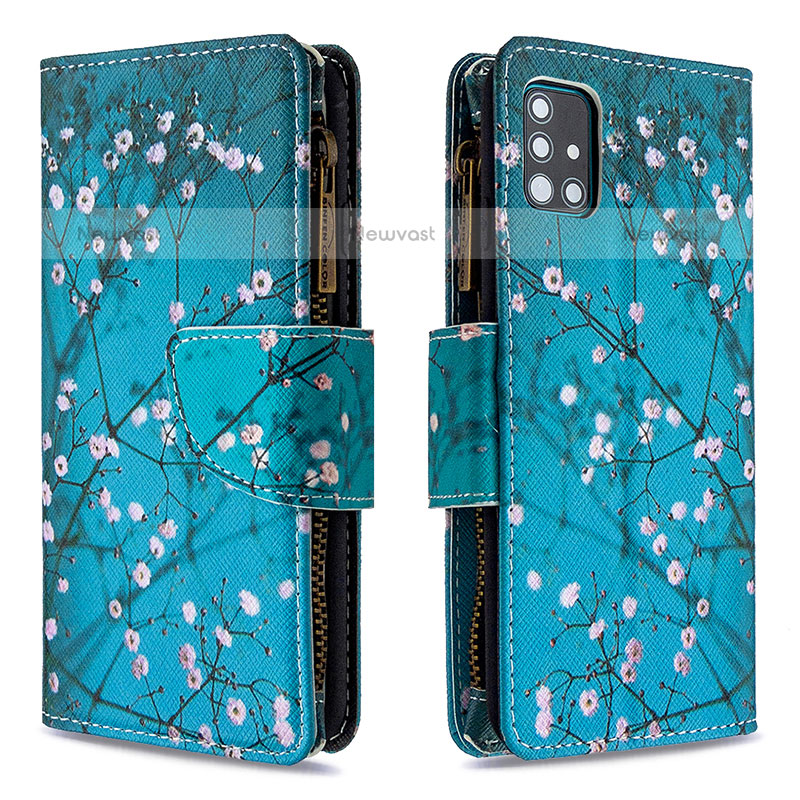 Leather Case Stands Fashionable Pattern Flip Cover Holder B04F for Samsung Galaxy A51 4G Cyan