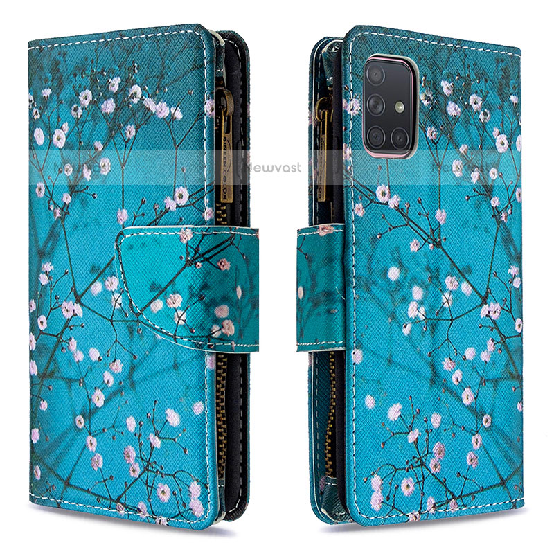Leather Case Stands Fashionable Pattern Flip Cover Holder B04F for Samsung Galaxy A71 4G A715 Cyan