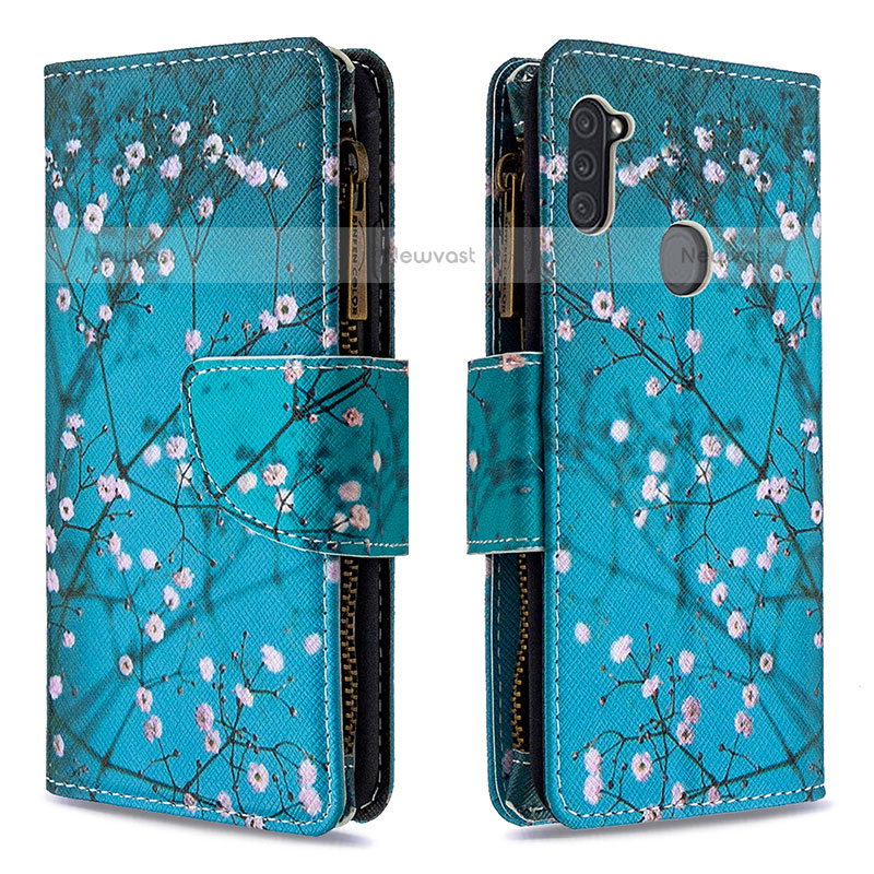 Leather Case Stands Fashionable Pattern Flip Cover Holder B04F for Samsung Galaxy M11 Cyan