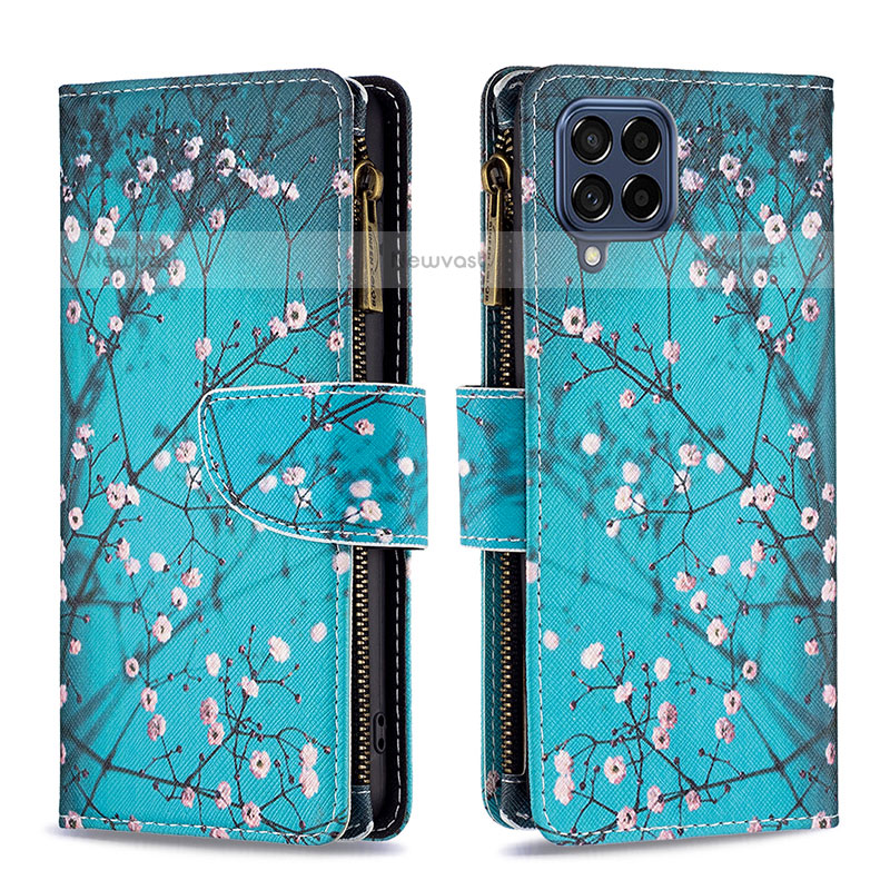 Leather Case Stands Fashionable Pattern Flip Cover Holder B04F for Samsung Galaxy M53 5G Cyan