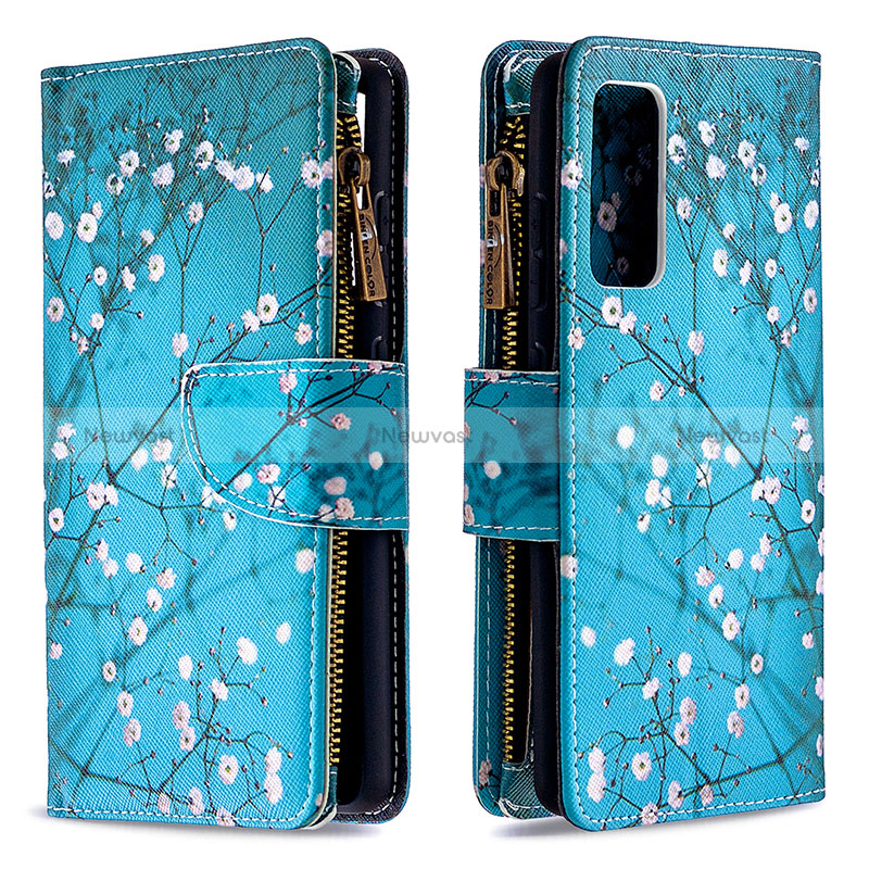 Leather Case Stands Fashionable Pattern Flip Cover Holder B04F for Samsung Galaxy S20 Lite 5G Cyan