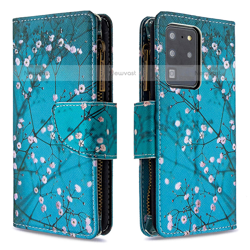Leather Case Stands Fashionable Pattern Flip Cover Holder B04F for Samsung Galaxy S20 Ultra 5G Cyan