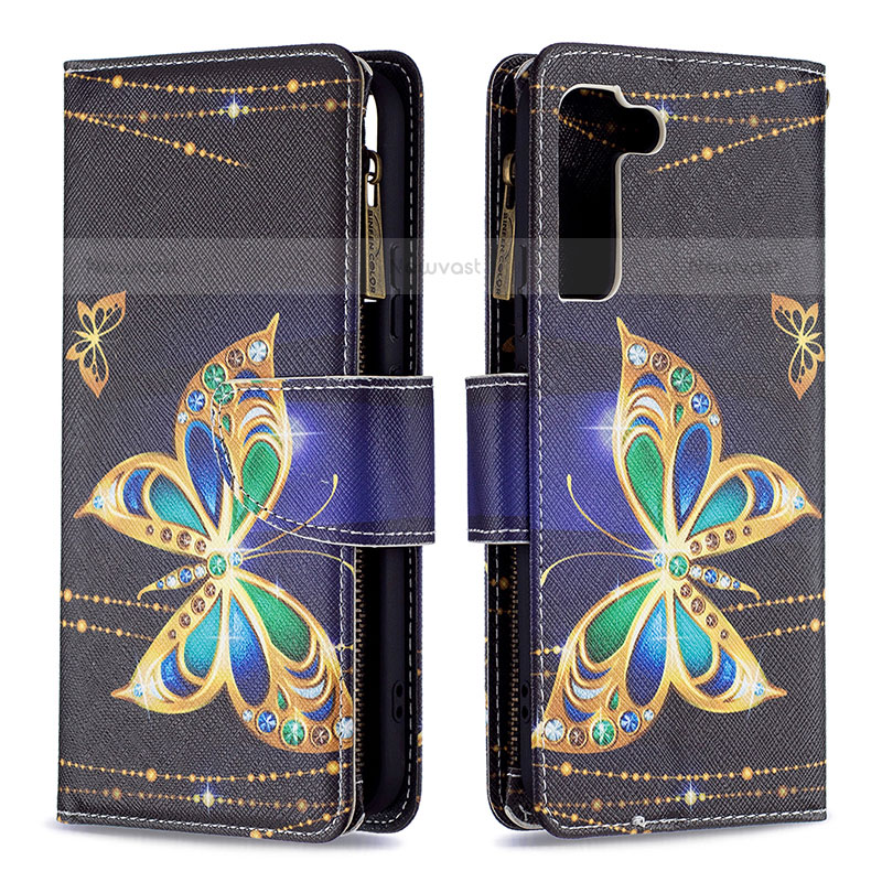 Leather Case Stands Fashionable Pattern Flip Cover Holder B04F for Samsung Galaxy S21 5G Black
