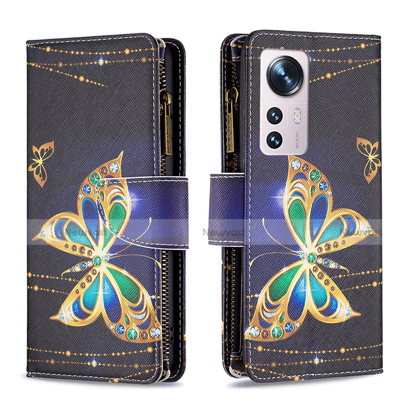 Leather Case Stands Fashionable Pattern Flip Cover Holder B04F for Xiaomi Mi 12 5G Gold and Black
