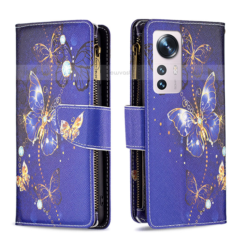Leather Case Stands Fashionable Pattern Flip Cover Holder B04F for Xiaomi Mi 12S Pro 5G Navy Blue