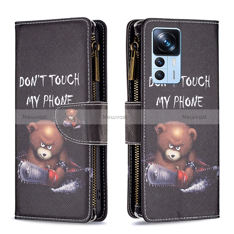 Leather Case Stands Fashionable Pattern Flip Cover Holder B04F for Xiaomi Mi 12T Pro 5G Dark Gray