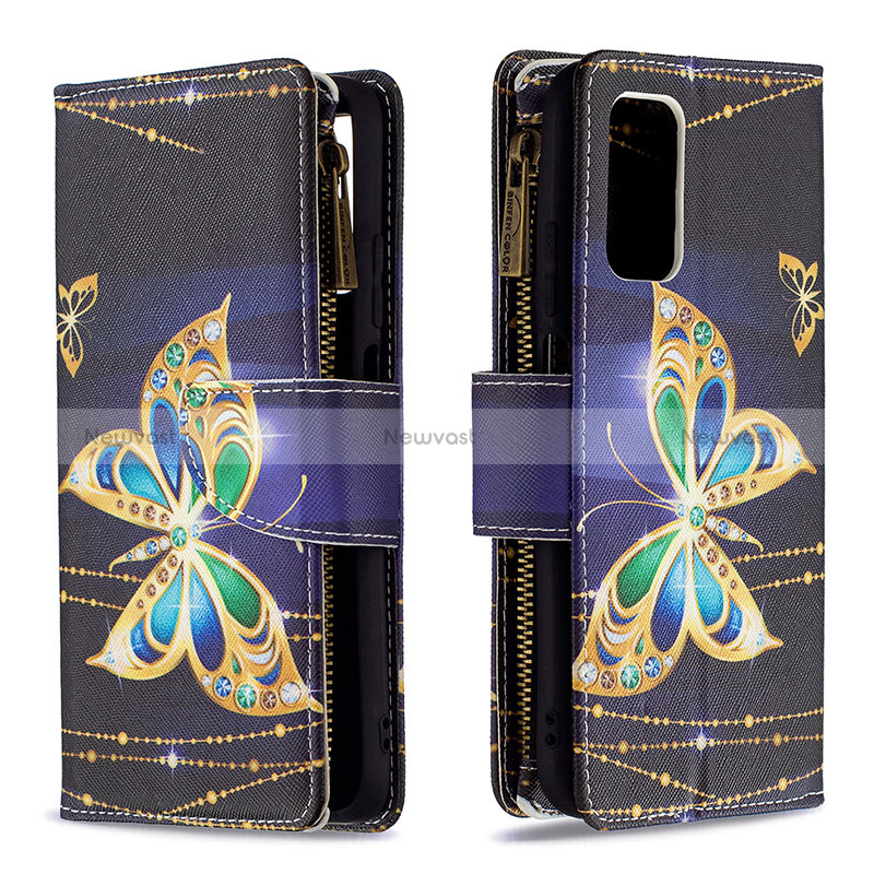 Leather Case Stands Fashionable Pattern Flip Cover Holder B04F for Xiaomi Poco M3 Gold and Black