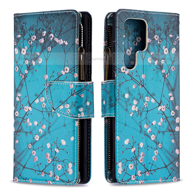 Leather Case Stands Fashionable Pattern Flip Cover Holder B05F for Samsung Galaxy S21 Ultra 5G Cyan