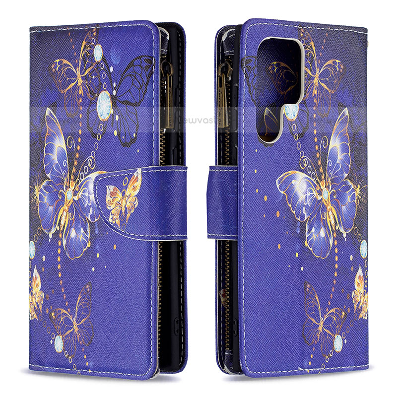 Leather Case Stands Fashionable Pattern Flip Cover Holder B05F for Samsung Galaxy S22 Ultra 5G Navy Blue