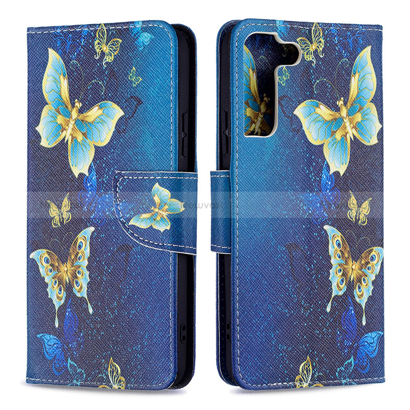 Leather Case Stands Fashionable Pattern Flip Cover Holder B09F for Samsung Galaxy S22 Plus 5G Blue