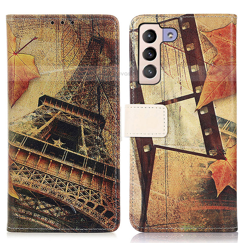 Leather Case Stands Fashionable Pattern Flip Cover Holder D02Y for Samsung Galaxy S21 5G Brown