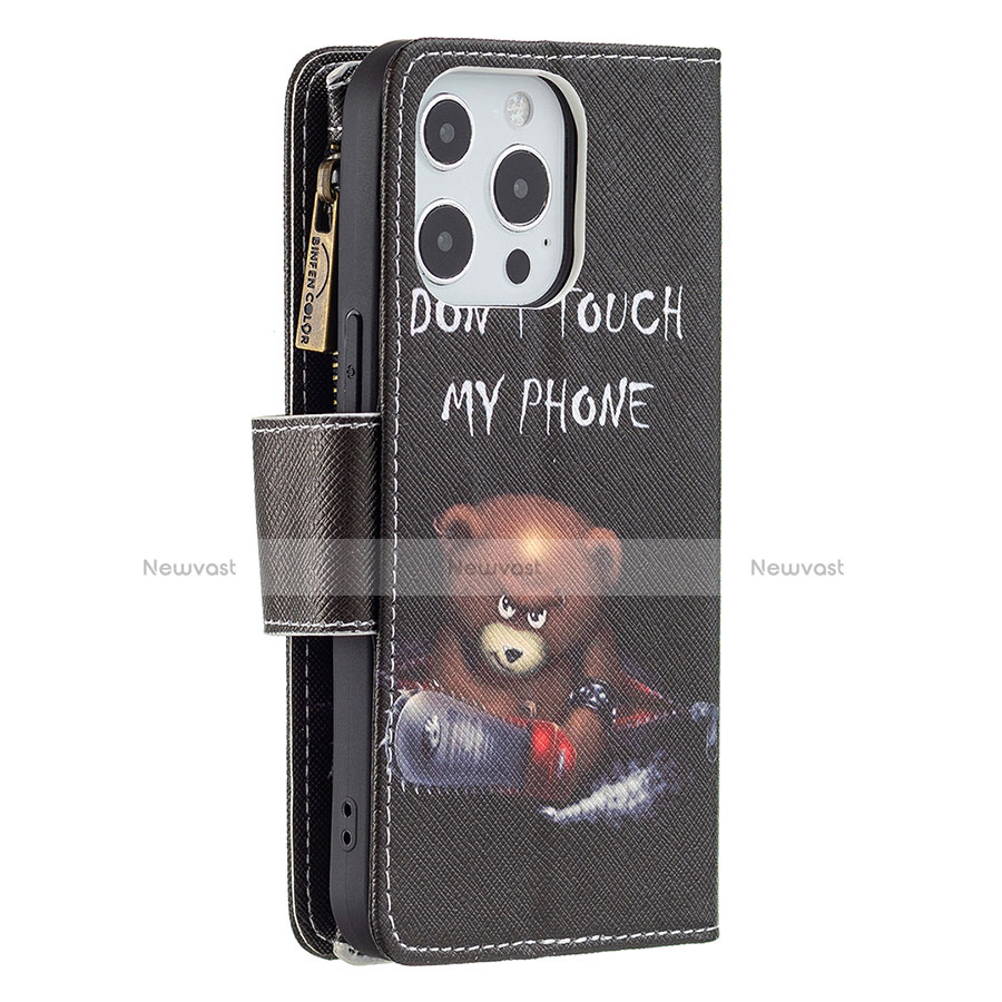 Leather Case Stands Fashionable Pattern Flip Cover Holder for Apple iPhone 13 Pro Max Black