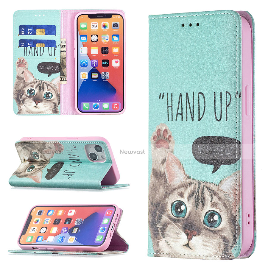 Leather Case Stands Fashionable Pattern Flip Cover Holder for Apple iPhone 14 Cyan