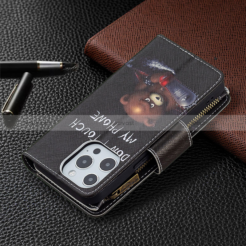 Leather Case Stands Fashionable Pattern Flip Cover Holder for Apple iPhone 14 Pro Max Black