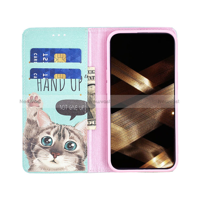 Leather Case Stands Fashionable Pattern Flip Cover Holder for Apple iPhone 15 Plus Cyan