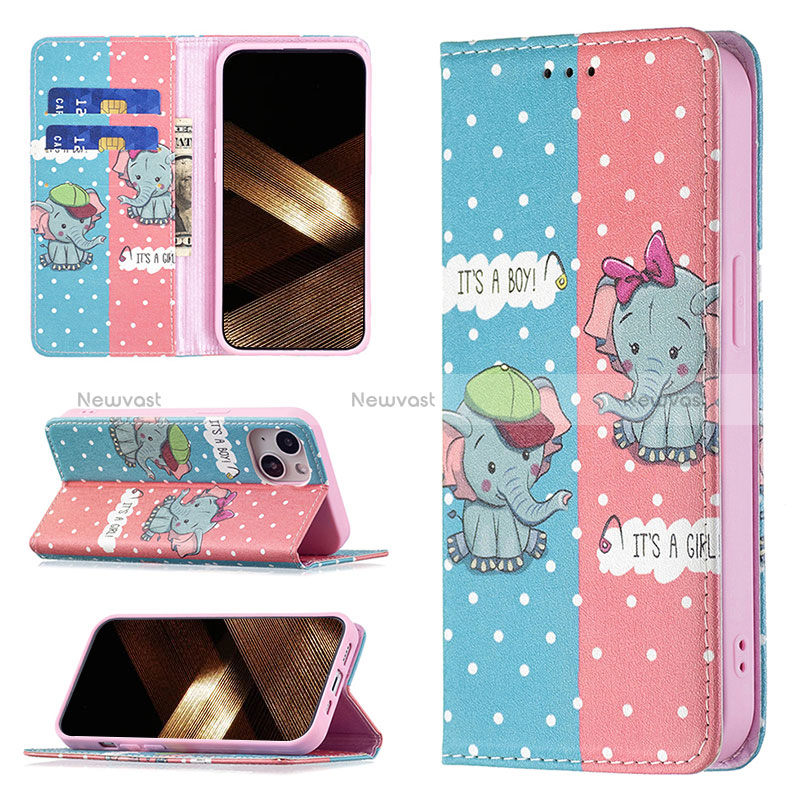 Leather Case Stands Fashionable Pattern Flip Cover Holder for Apple iPhone 15 Plus Pink