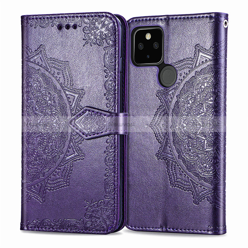 Leather Case Stands Fashionable Pattern Flip Cover Holder for Google Pixel 4a 5G Purple