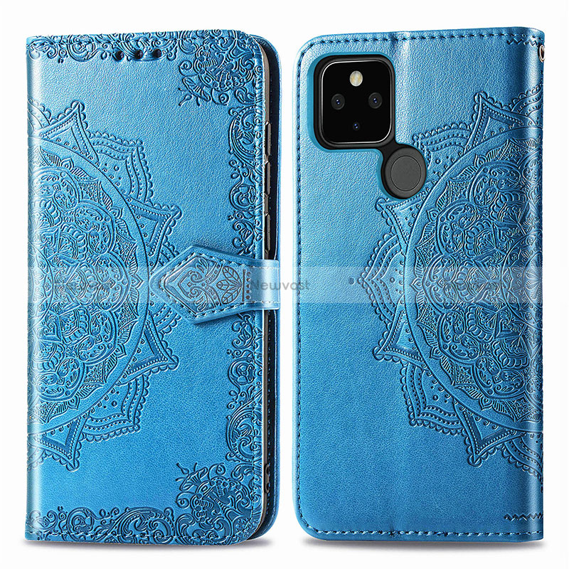 Leather Case Stands Fashionable Pattern Flip Cover Holder for Google Pixel 5 Blue