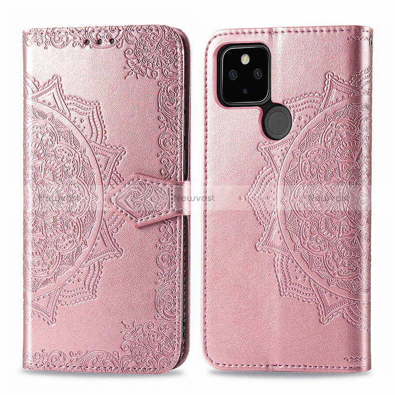 Leather Case Stands Fashionable Pattern Flip Cover Holder for Google Pixel 5 Rose Gold