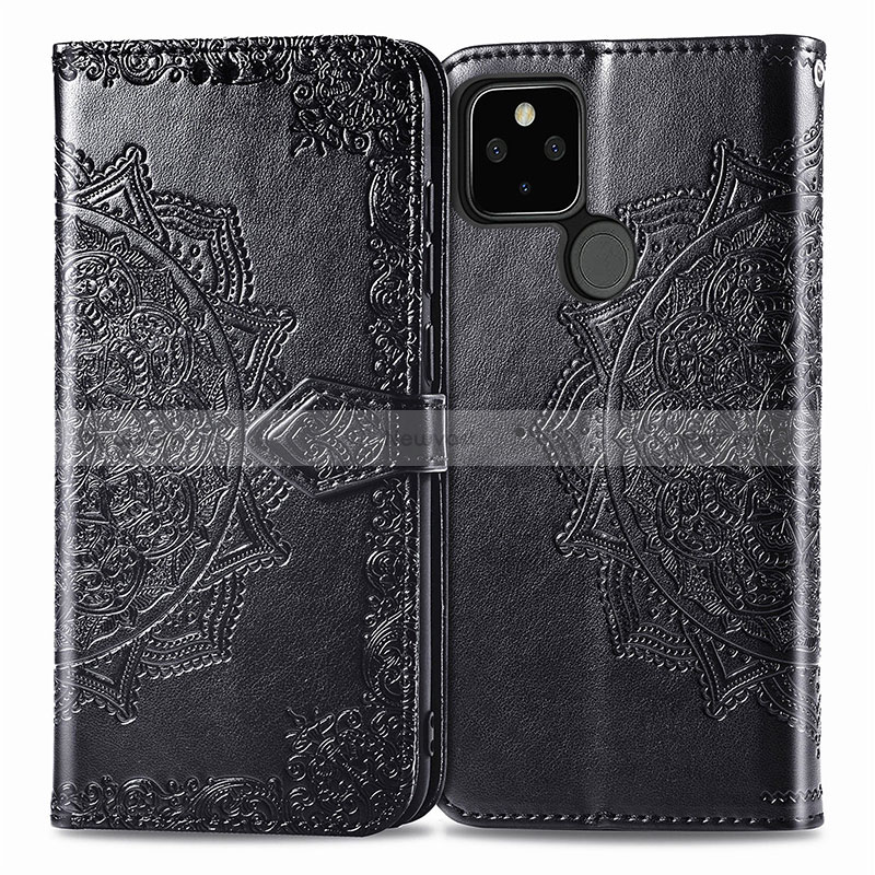 Leather Case Stands Fashionable Pattern Flip Cover Holder for Google Pixel 5 XL 5G Black