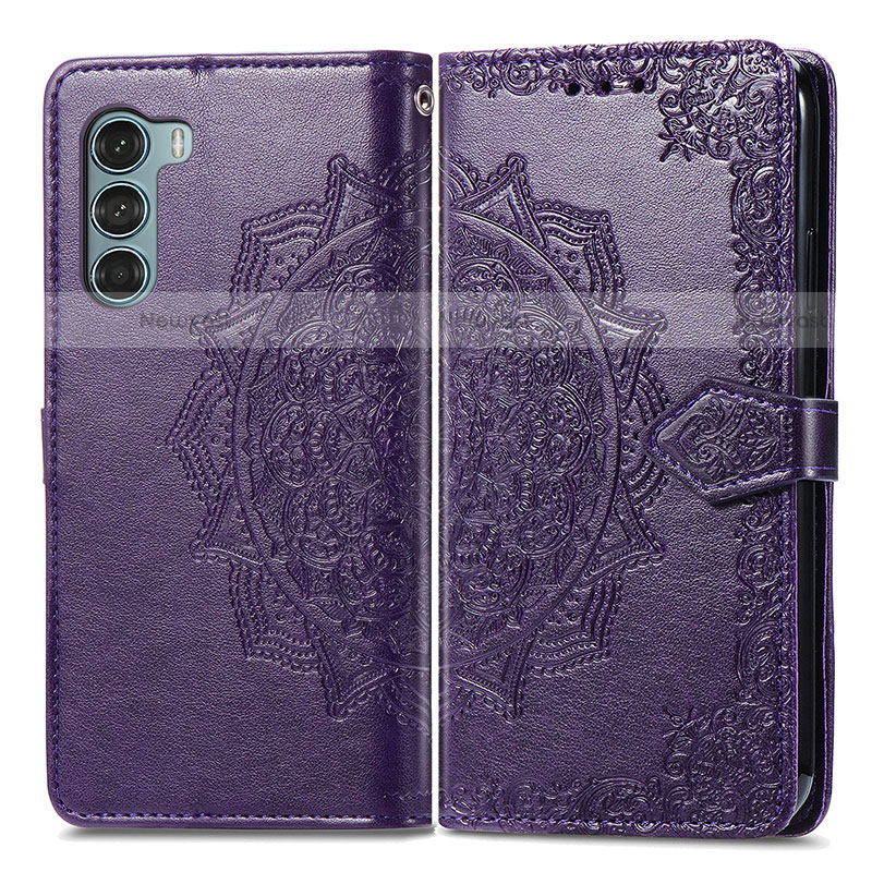 Leather Case Stands Fashionable Pattern Flip Cover Holder for Motorola Moto G200 5G Purple