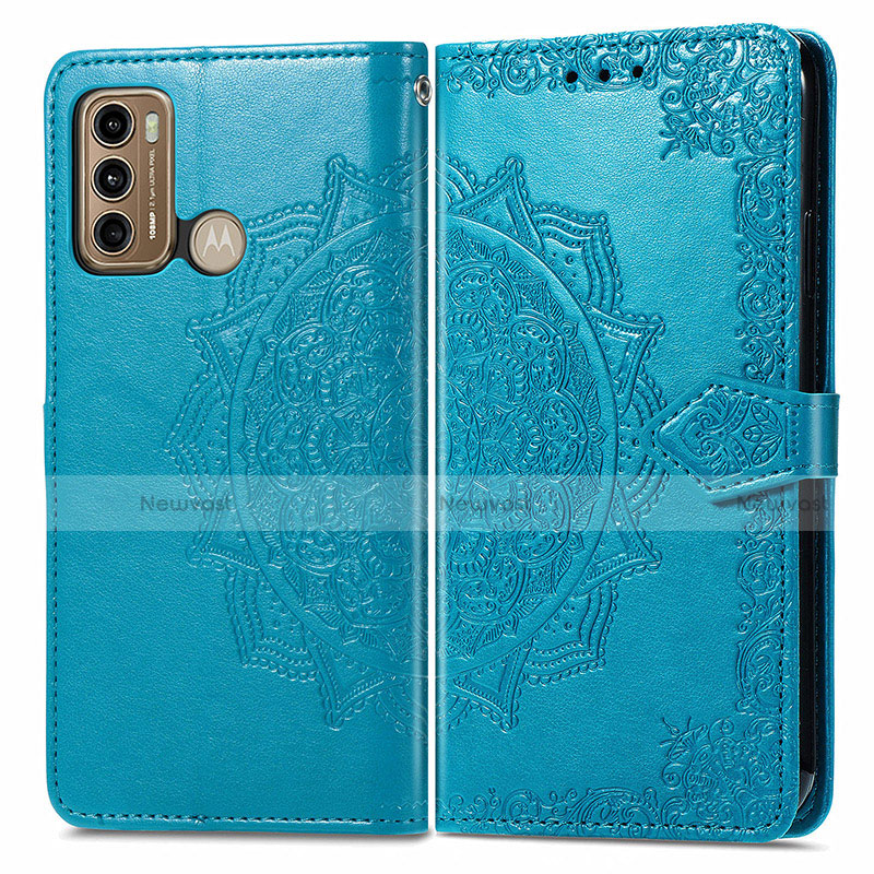 Leather Case Stands Fashionable Pattern Flip Cover Holder for Motorola Moto G60 Blue
