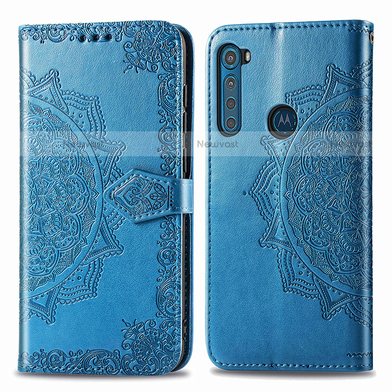 Leather Case Stands Fashionable Pattern Flip Cover Holder for Motorola Moto One Fusion Plus Blue