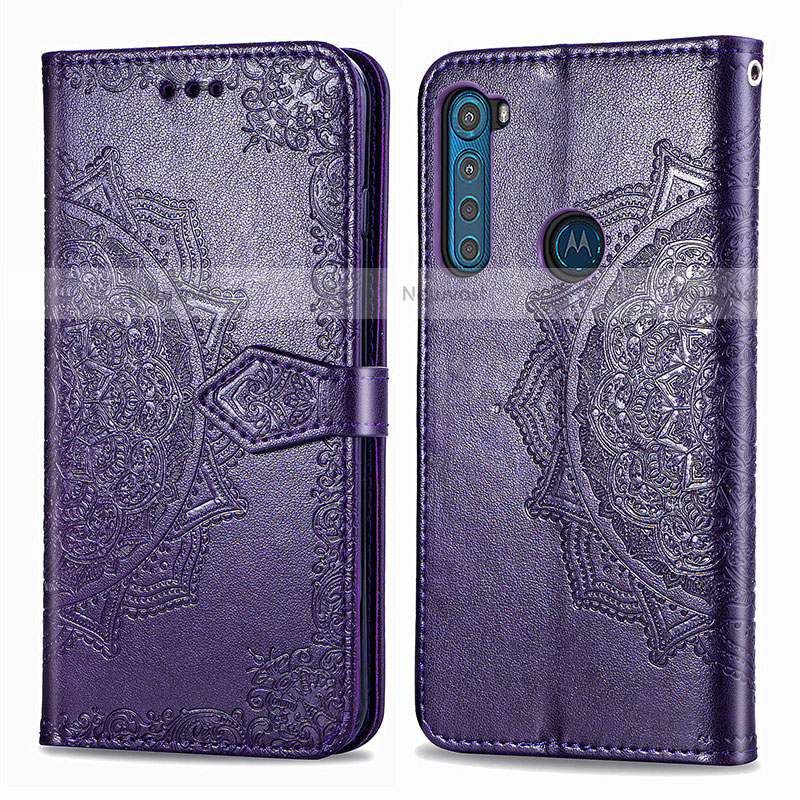 Leather Case Stands Fashionable Pattern Flip Cover Holder for Motorola Moto One Fusion Plus Purple