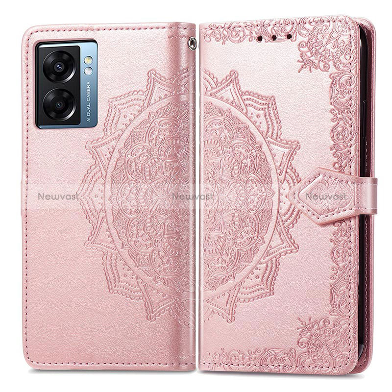 Leather Case Stands Fashionable Pattern Flip Cover Holder for Oppo A56S 5G Rose Gold