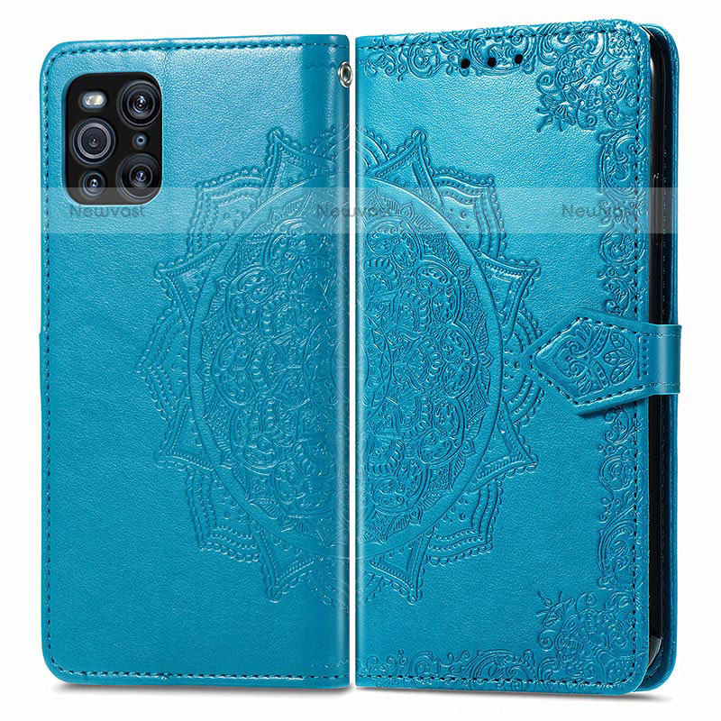 Leather Case Stands Fashionable Pattern Flip Cover Holder for Oppo Find X3 Pro 5G Blue