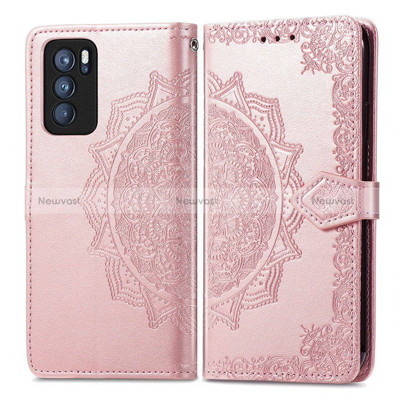 Leather Case Stands Fashionable Pattern Flip Cover Holder for Oppo Reno6 Pro 5G India Rose Gold
