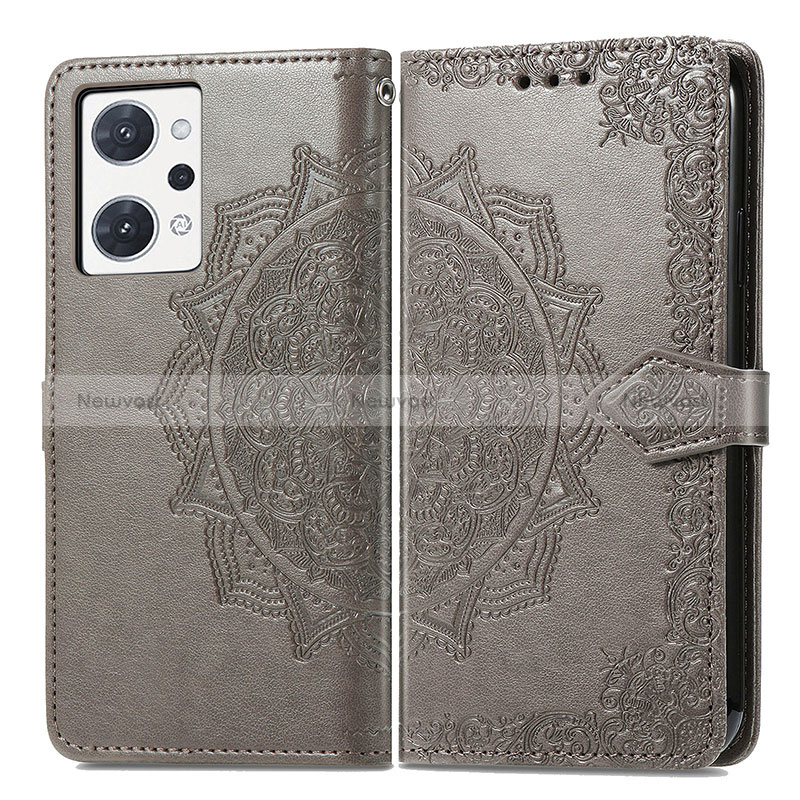 Leather Case Stands Fashionable Pattern Flip Cover Holder for Oppo Reno7 A Gray