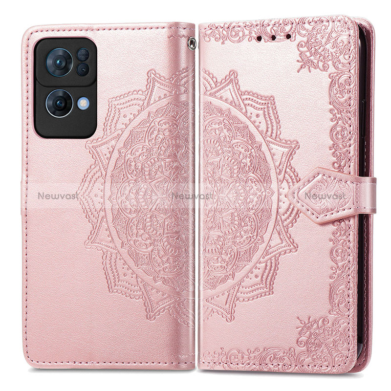 Leather Case Stands Fashionable Pattern Flip Cover Holder for Oppo Reno7 Pro 5G Rose Gold