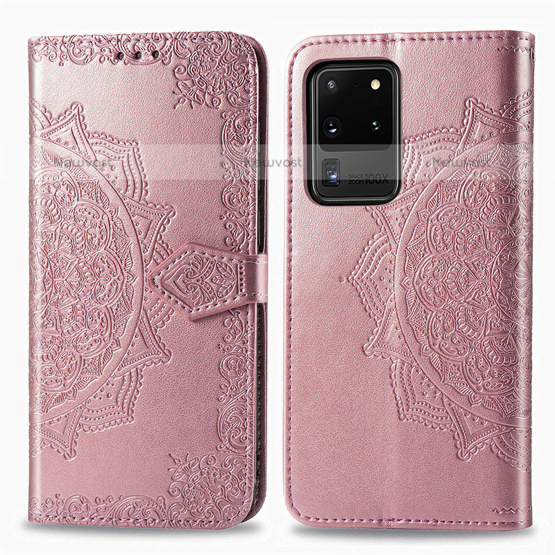 Leather Case Stands Fashionable Pattern Flip Cover Holder for Samsung Galaxy S20 Ultra 5G Rose Gold