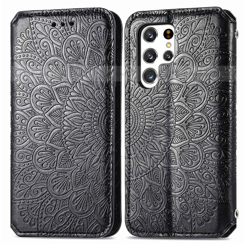 Leather Case Stands Fashionable Pattern Flip Cover Holder for Samsung Galaxy S21 Ultra 5G Black
