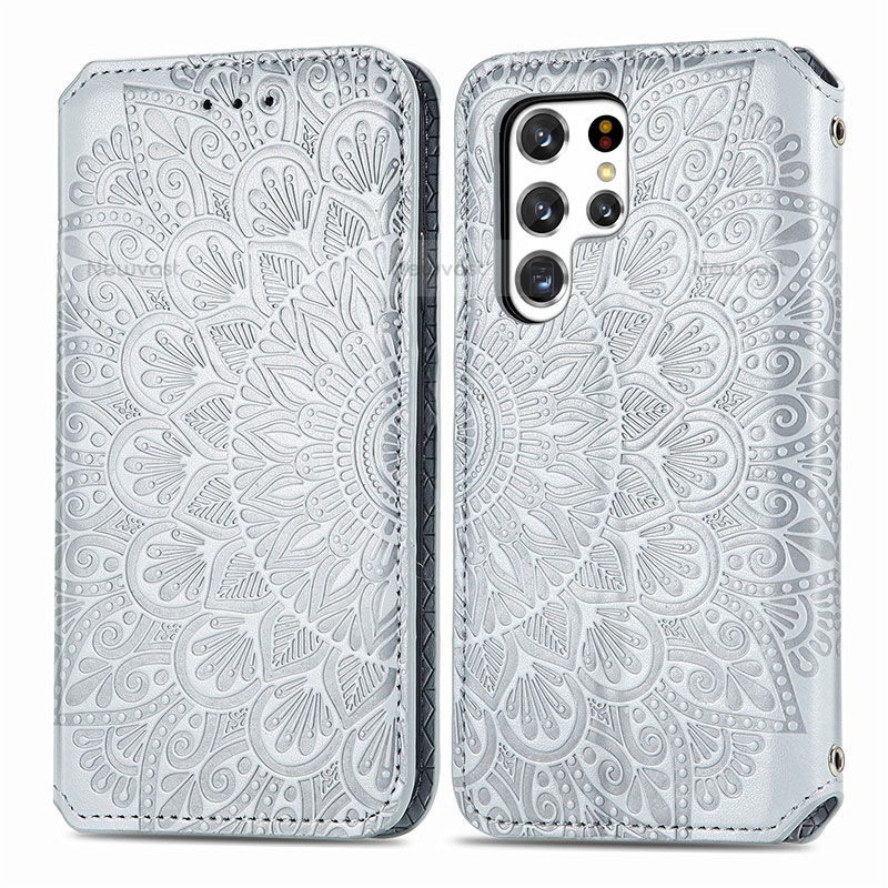 Leather Case Stands Fashionable Pattern Flip Cover Holder for Samsung Galaxy S21 Ultra 5G Gray